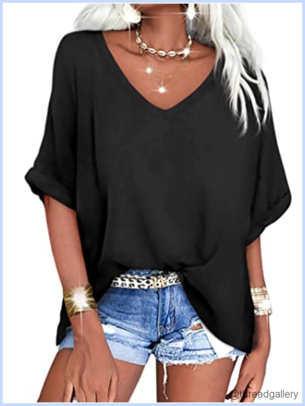 Womens Oversized V Neck Short Sleeve T Shirt Rolled Sleeves Summer Tee
